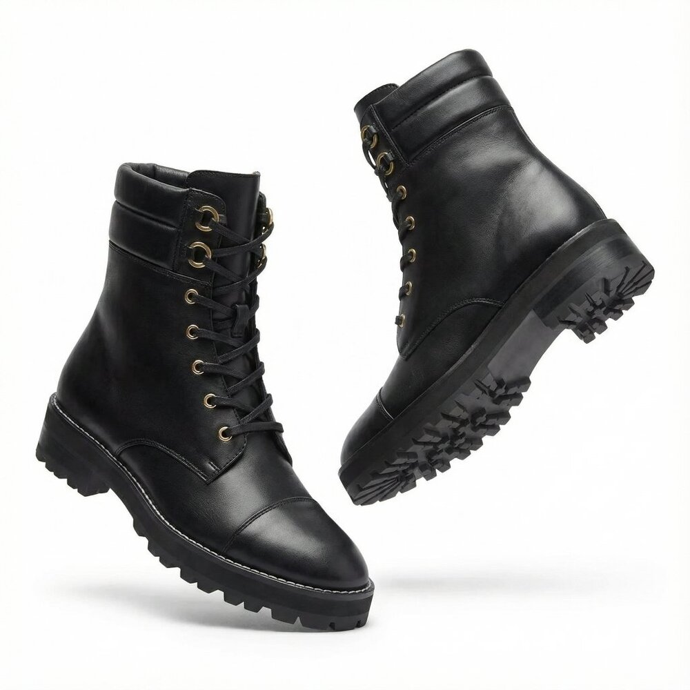 STUART WEITZMAN Lexy Leather Combat Boots Black Leather 9.5M